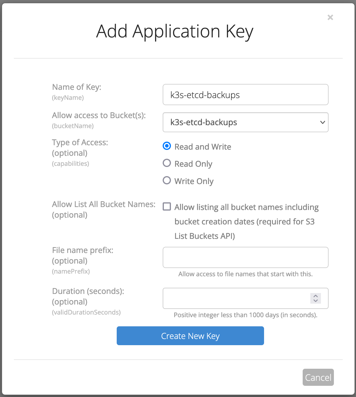 backblaze app key create